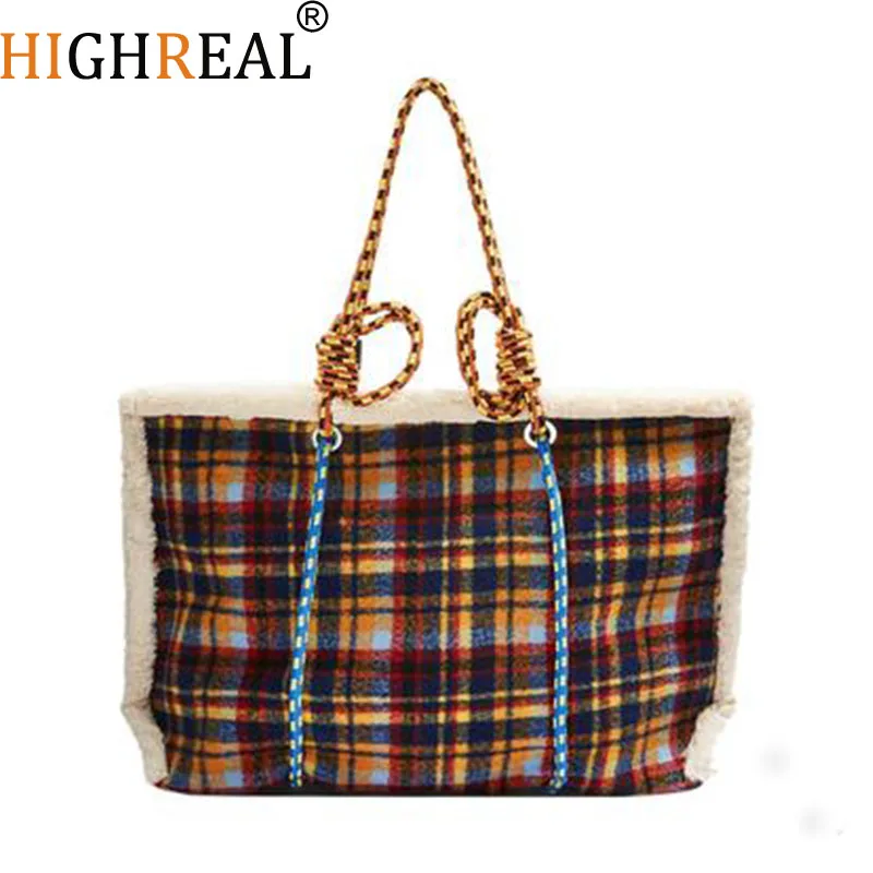 

HIGHREAL New Yellow Woman Fashion Plaid Patchwork Big Capacity Bag Women Casual Wool Bucket Female Soft Bag