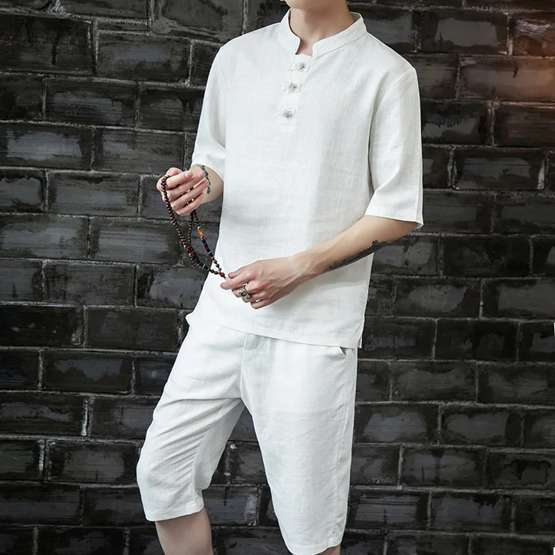 

Chinese-style New Style Solid Color Flax Frog Half-sleeve Shirt T-shirt MEN'S Casual Pants Two-Piece Set