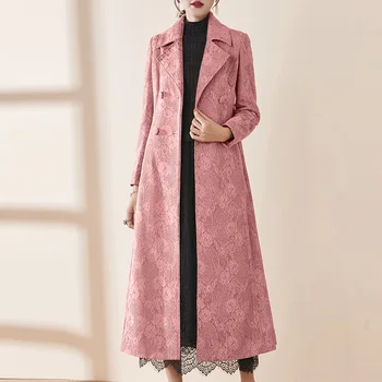 

2020 Spring Fall Fashion Womens Cardigan Long Trench Coat ,5xl Double Breasted Sash High Waist Blue Duster Coats for Woman