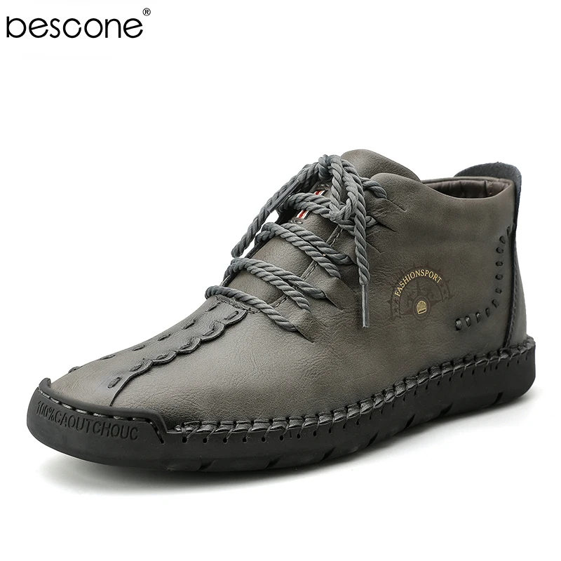 

BESCONE Comfortable High Top Casual Sneaker Manmade Lace-up Spring Autumn Flats Shoes Ankle Boots for Man Botas Hombre YX-0918