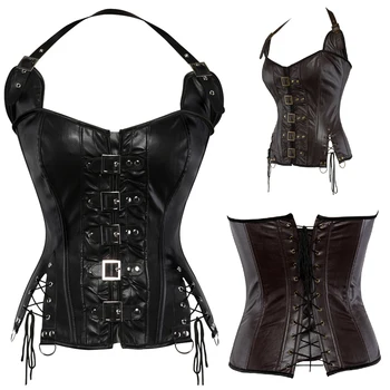 

Grebrafan Steampunk Overbust Corset Buckle Faux Leather Clubwear Halterneck Women Best Friend Wedding Party Costume
