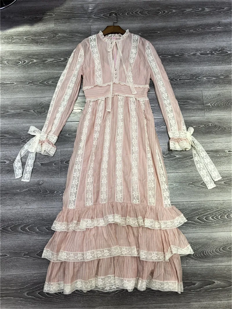 Новое Розовое милое кружевное Плиссированное длинное платье с длинными рукавами и высокой талией с отдельной подкладкой