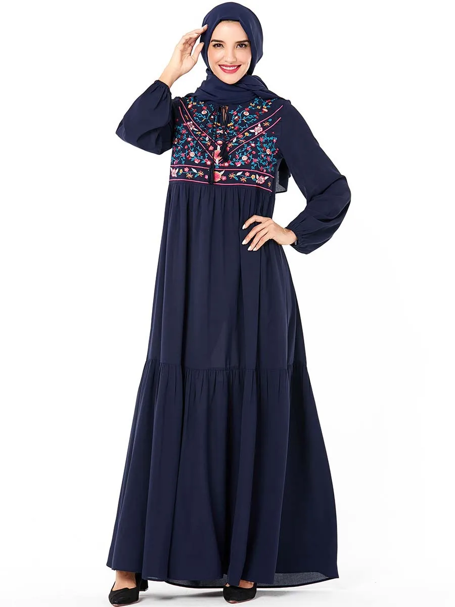 Мусульманское платье с длинным рукавом хиджаб осень цветочная вышивка качели макси платье в турецком стиле кисточка шнурок мусульманская арабская одежда