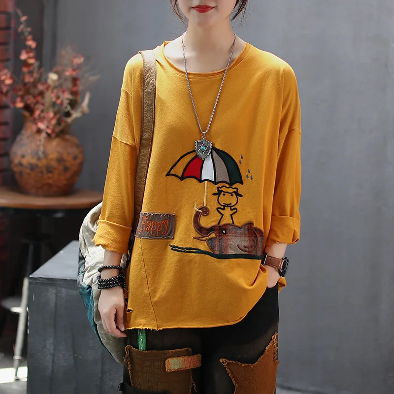 

Women Spring And Autumn Fashion Brand Cartoon Elephant Happy Embroidery Hole Long Sleeve T-shirt Female Casual Loose Tee Tshirts