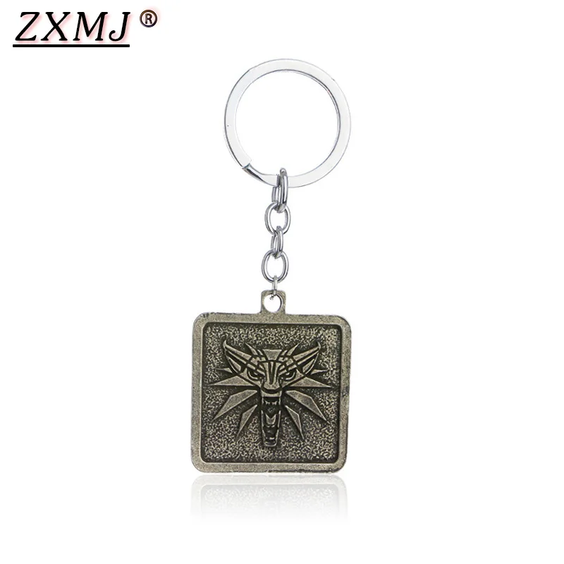 

ZXMJ Wizard 3 Wild Hunt KeyChain Metal square wolf head pattern keyring Gaming Peripherals Retro Car Pendant for men fans gift