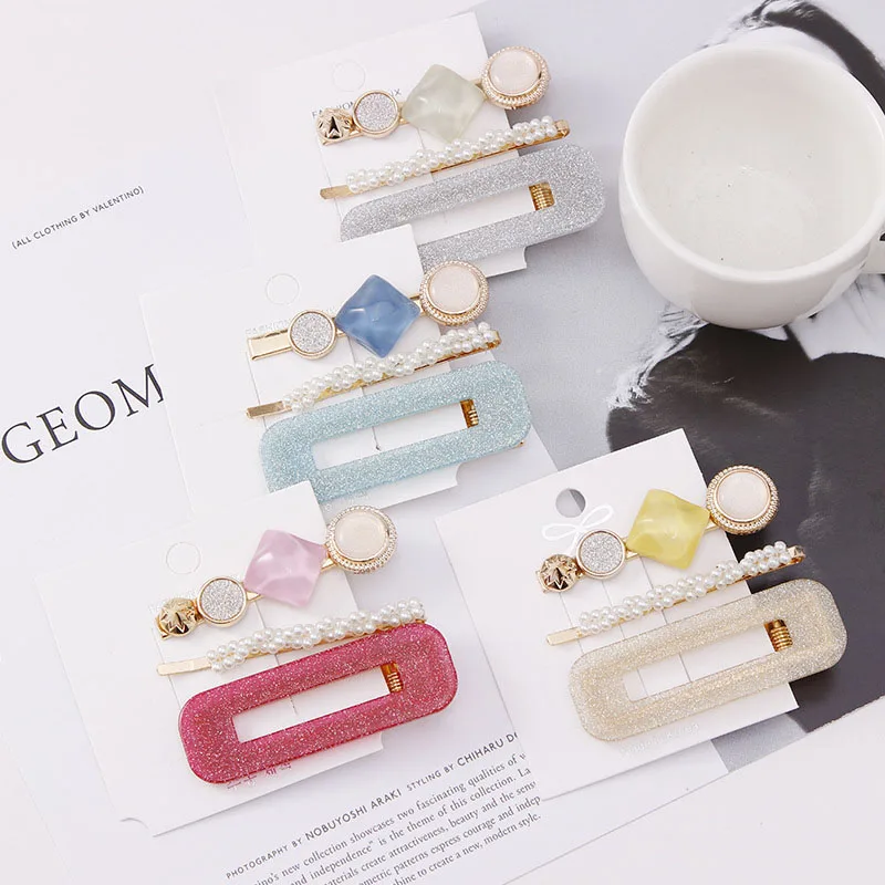 Fashion Pearls Acetate Geometric Hair Clips Set for Women Girls Barrette Sweet Acrylic Vintage Hairpins Hair Accessories Set