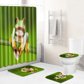 

Frog Print Cute Shower Curtain Toilet Lid Cover Foot Pad Carpet Floor Mat Set Bath Curtain Waterproof Shower Curtains
