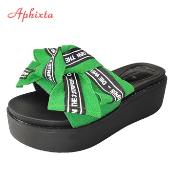 

Aphixta Riband Butterfly-knot Platform Slides Women Beach Wedge Heel Shoes Clog Slippers Flip Flop Slides Femme