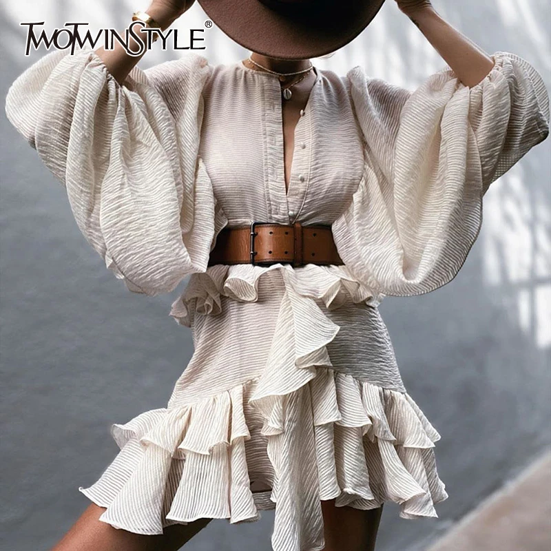 TWOTWINSTYLE Vintage Patchwork Ruffles Women Dresses O Neck Lantern Long Sleeve High Waist With Sashes Dress Female Fashion Tide TWOTWINSTYLE Vintage Patchwork Ruffles Women Dresses O Neck Lantern Long Sleeve High Waist With Sashes Dress Female Fashion Tide