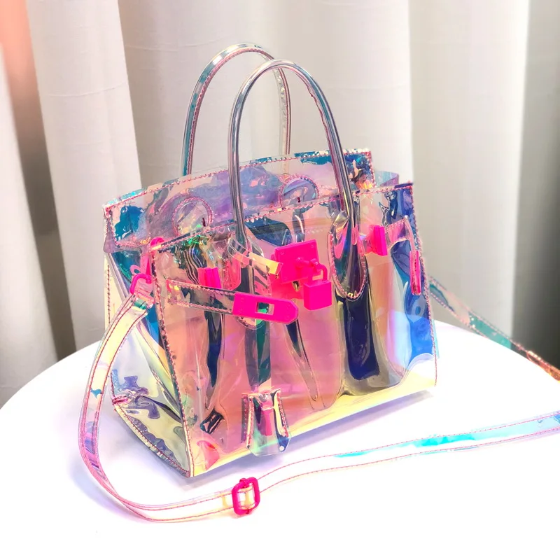 

Fluorescence Laser Transparent Handbags Portable Lock Platinum Bag Big size large Clear Summer Beach Bags Hologram Shoulder Bag