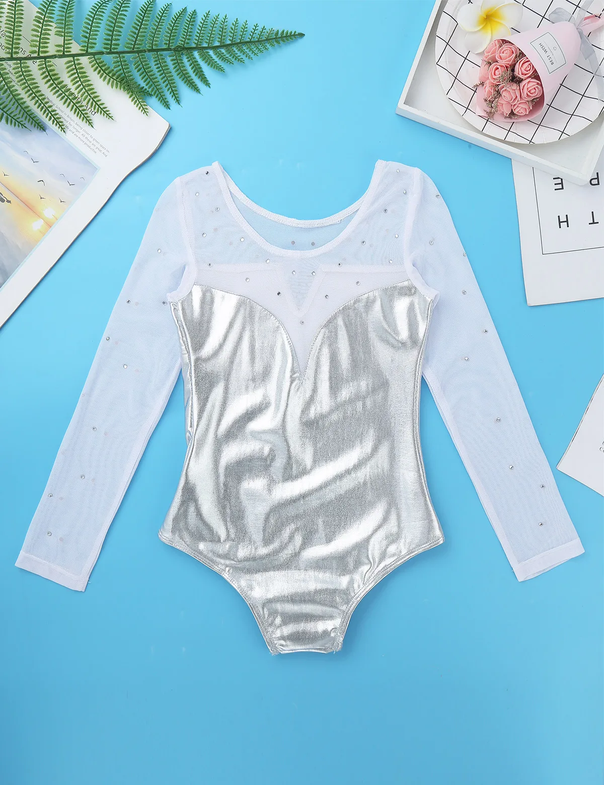 Kids Girls Sparkly Rhinestone Metallic Long Sleeve Mesh Ballet Dance Gymnastics Leotard Bodysuit Jumpsuit Modern Dancewer ballet leotard,dance leotard