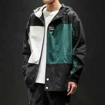 

2019 Autumn men's stitching jacket tooling fashion hooded large size loose coat