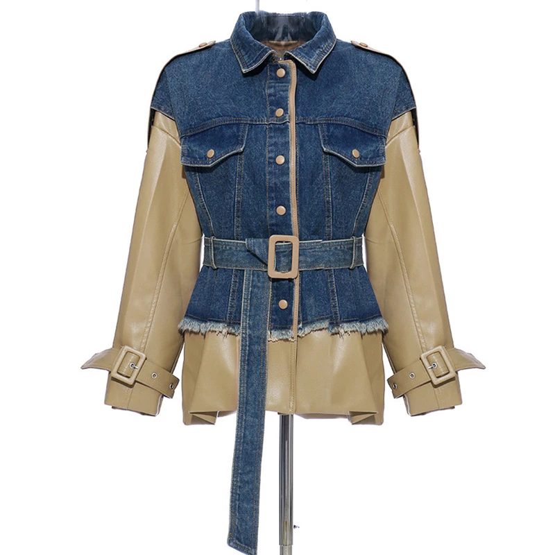 

NewestRunway 2020 Designer Stylish Jacket Women's Leather Patchwork Denim Jacket