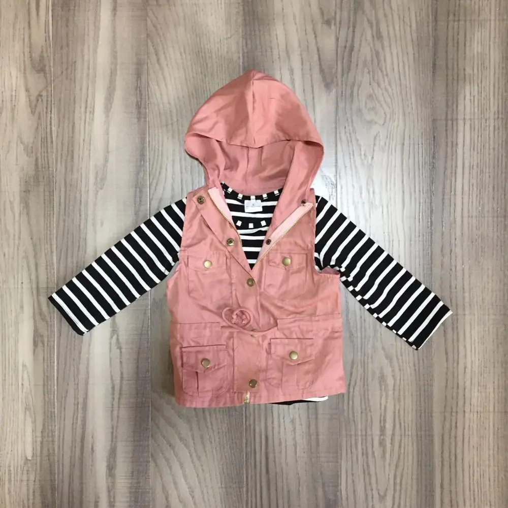 Одежда для маленьких девочек комплект из 2 предметов для девочек Полосатые реглан с длинными рукавами и розовая толстовка с капюшоном, зимняя одежда для девочек зимняя куртка пальто для девочек