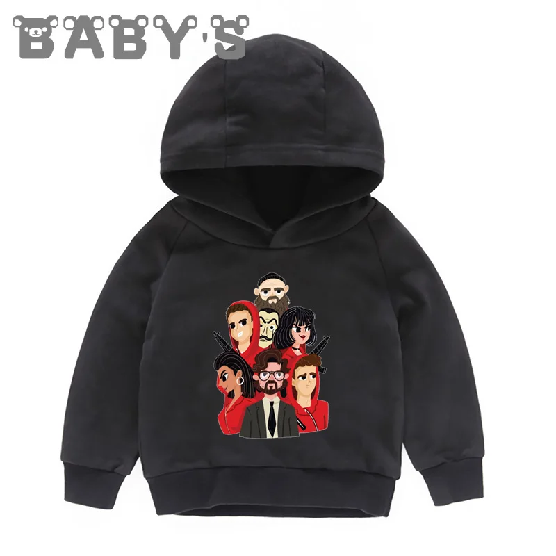 Детские толстовки с капюшоном Детские свитшоты La Casa De Papel Money Heist пуловер для малышей Топы для маленьких девочек и мальчиков, забавная одежда KMT5329