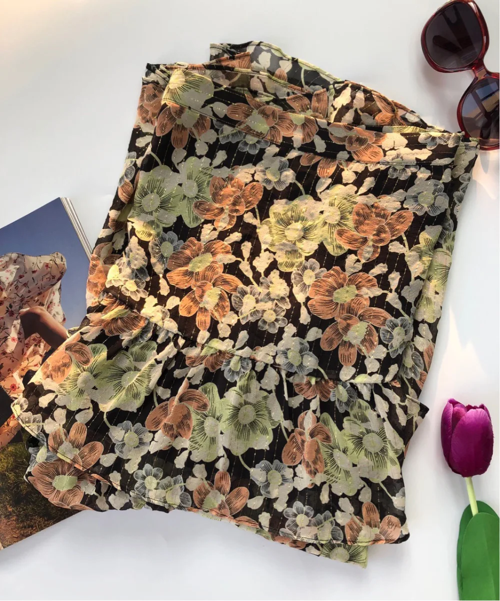 High-end Lurex Women Silk Floral Golden Metallic Yarn Layer Midi Long Skirt With Black Lining- Latest Female Floral Print Skirt