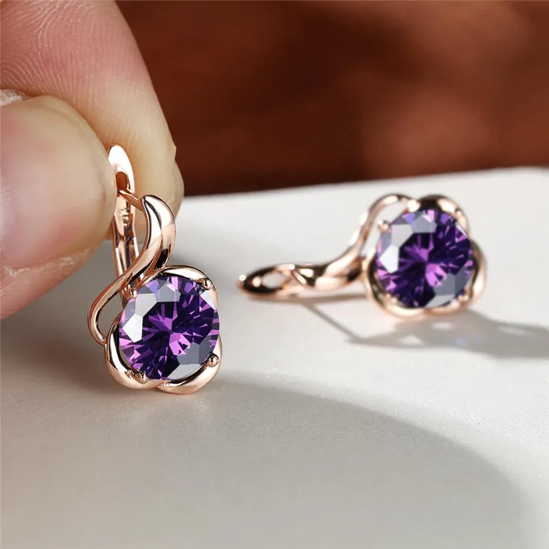 Mystic Rainbow Zircon Flower Earrings Multicolor Crystal Round Stone Hoop Earrings Rose Gold Color Engagement Earrings For Women