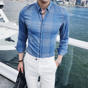 

Brand New Camisa Masculina Fashion 2020 Autumn Winter Shirt Men Slim Fit Long Sleeve Wide Plaid Dress Shirts Men Blouse Homme