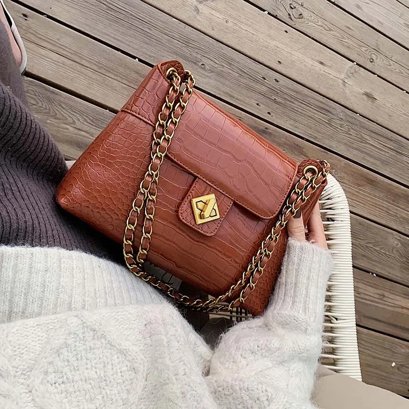 

Stone Chain PU Leather Crossbody Bags For Women 2019 Solid Color Shoulder Messenger Bag Lady Travel Handbags and Purses