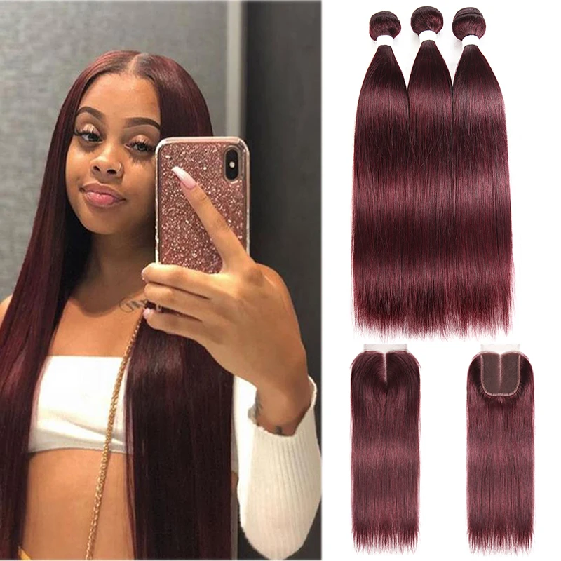 Feixes de Cabelo com Fechamento Brasileiro em Linha Pacotes com Fechamento Borgonha Reta Tecer Cabelo Humano 4x4 Não Remy 8-26 Polegada Kemy 99j - 3 Pacotes com 34 com fecho
