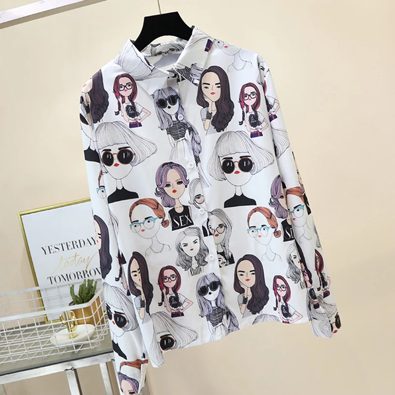 Women Cartoon Character Print Vintage Blouses Spring Long Sleeve Casual Cotton Shirts Tops Female Korean Style Shirt 2020 cute blouses