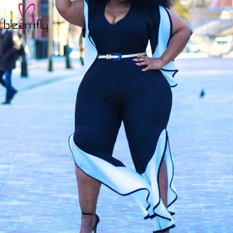 

Woman Black White Patchwork Ruffles Jumpsuit Elegant Split Side Jumpsuits Office Lady Short Butterfly Sleeve Rompers Big Size