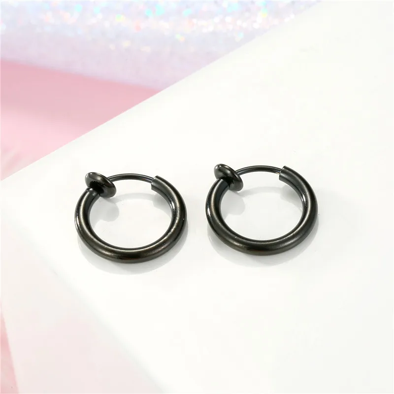 Black 14mm 1 пара без пирсинга серьги-кольца из нержавеющей стали клипсы для ушей для мужчин Панк Черный Серебряный цвет маленькие круглые серьги женские ювелирные изделия - Окраска металла: Black 14mm