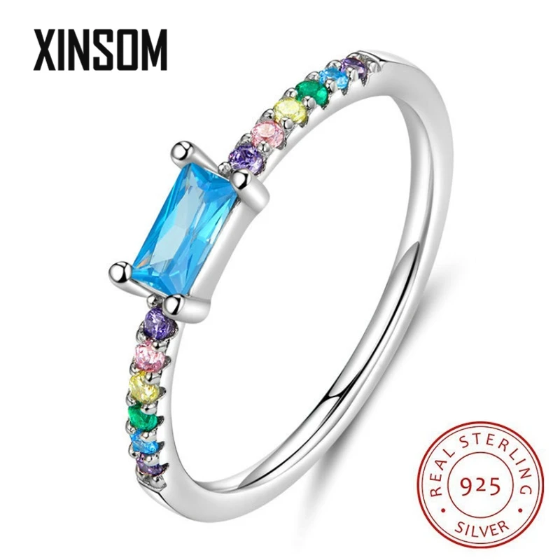 

XINSOM Colorful CZ Paved 925 Sterling Silver Rings For Women Simple Engagement Wedding Female Finger Rings Fine Jewelry 20XS1237