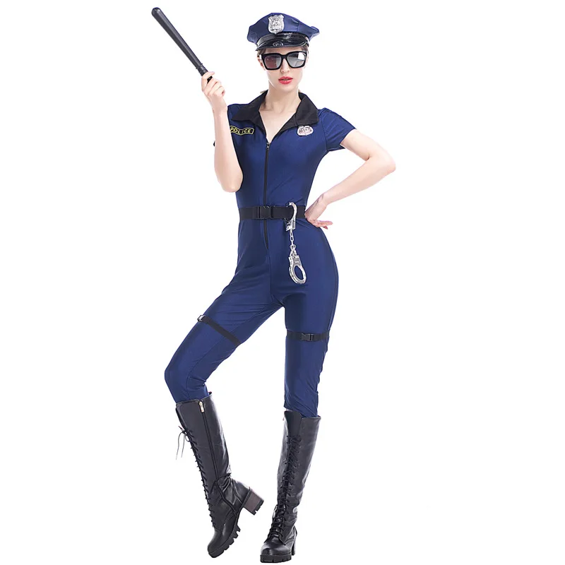 Сексуальный костюм для взрослых с глубоким v-образным вырезом, синий, для женщин-полицейских, для Хэллоуина, вечерние, для полицейского, для косплея, эротический комбинезон