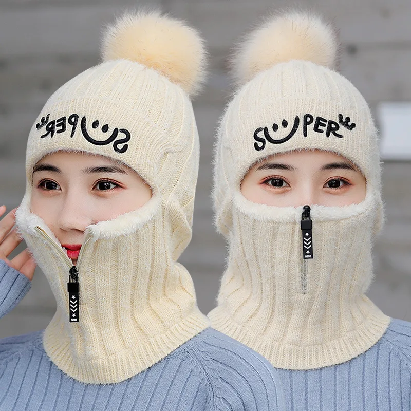 

Hat Women's Winter Knitted Hat Smiley Zipper Lettered Warm Thick Velvet Wool Cap Autumn & Winter Cycling Set of Head Cap