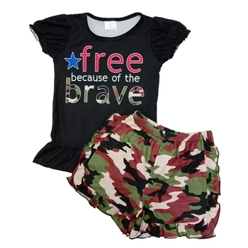 

Summer Hot Sale Short Ruffle Sleeve Black Top Free Brave TShirt Camouflage Shorts RTS Outfits Baby Girls Cute Cool Kids Clothing