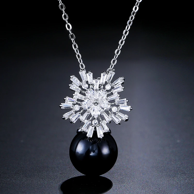 Black Necklace Роскошные квадратные австрийские серьги с цирконием кубической огранки для женщин, модная Имитация Жемчуга, снежный цветок, свадебные ювелирные изделия для девушек CEP075E - Окраска металла: Black Necklace