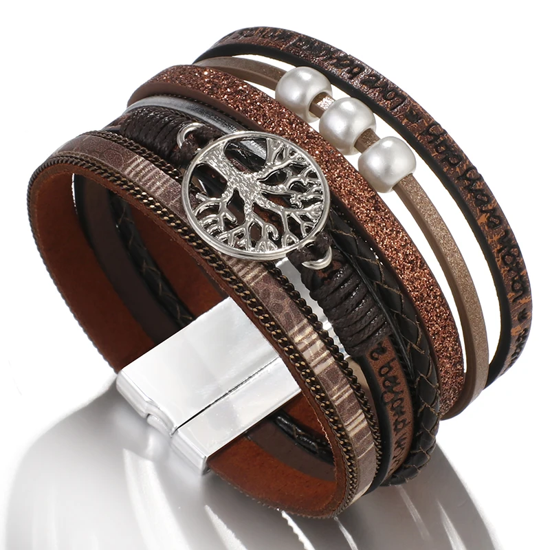 ALLYES кожаные браслеты для женщин модные Древо жизни женские богемные Многослойные широкий браслет обруча женские ювелирные изделия