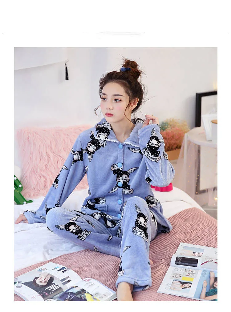 Women Pajamas Set Spring Autumn New Warm Cartoon Printed Long Sleeve Cute Sleepwear Casual Homewear Female Pyjamas