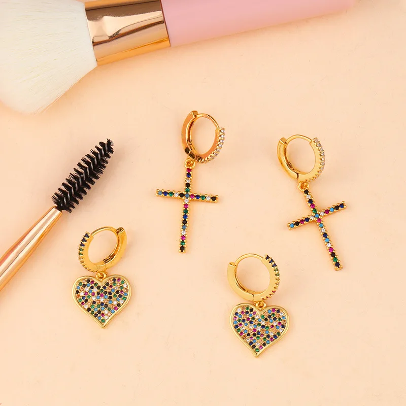 Европа Америка многоцветный Цирконий крест серьги обруча сердца для женщин Bohe стиль серьги кольца любовь сердце ювелирные изделия Прямая