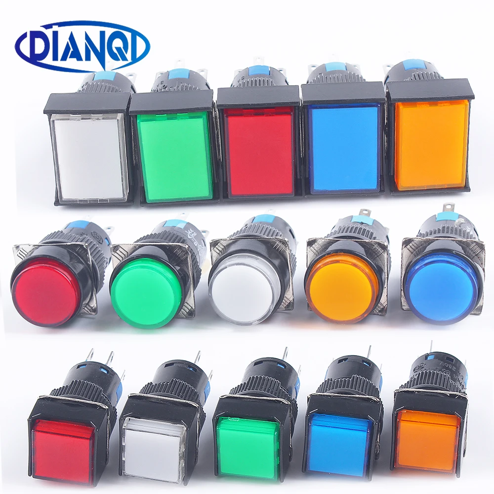 16MM 12V 24V 220V 1NO1NC/2NO2NC momentary no Latching/Locking lamp Illuminuted Maintained Push Button Switches with light/NO LED light switch with remote