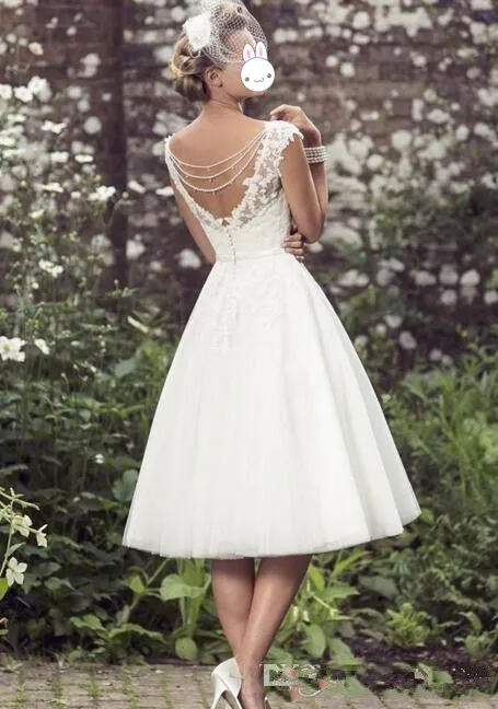 Vestido de Noiva Элегантный Чай Длина Короткое свадебное платье es Кепки рукава с кружевной аппликацией свадебное платье v-образный вырез, свадебные платья дешевые