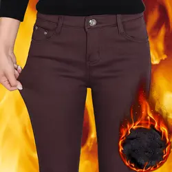 Брюки для женщин 2019 зима утолщение Высокая талия стрейч конфеты женские джинсы карандаш сохраняющие тепло кашемир бархат карандаш брюки