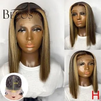 

Beeos 180% Highlight Colored Short Bob Straight Pre Plucked Bleached Knots T Part Lace Front Human Hair Wig Brazilian Remy Hair