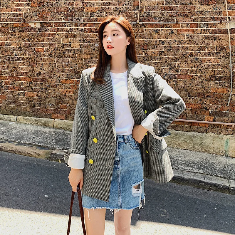 

2019 Network Red Plaid Versatile Loose-Fit Suit Tops Women's South Korea Spring CHIC Small Suit Coat Women's Korean-style