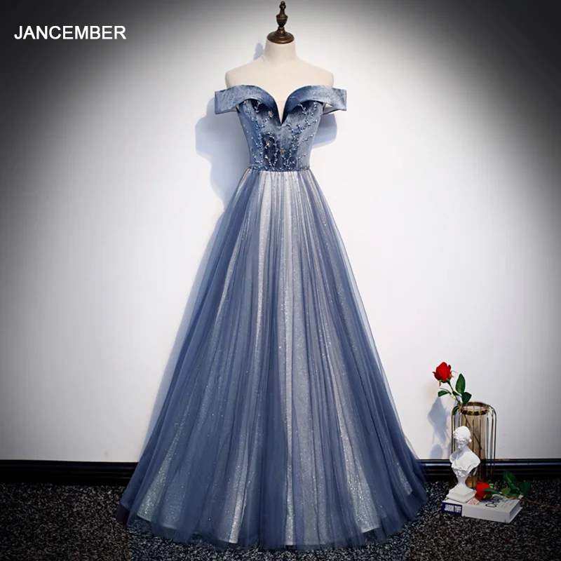 Платье JANCEMBER WLN18567 серое-синее а-силуэта с кристаллами вечернее для выпускного 2020 |