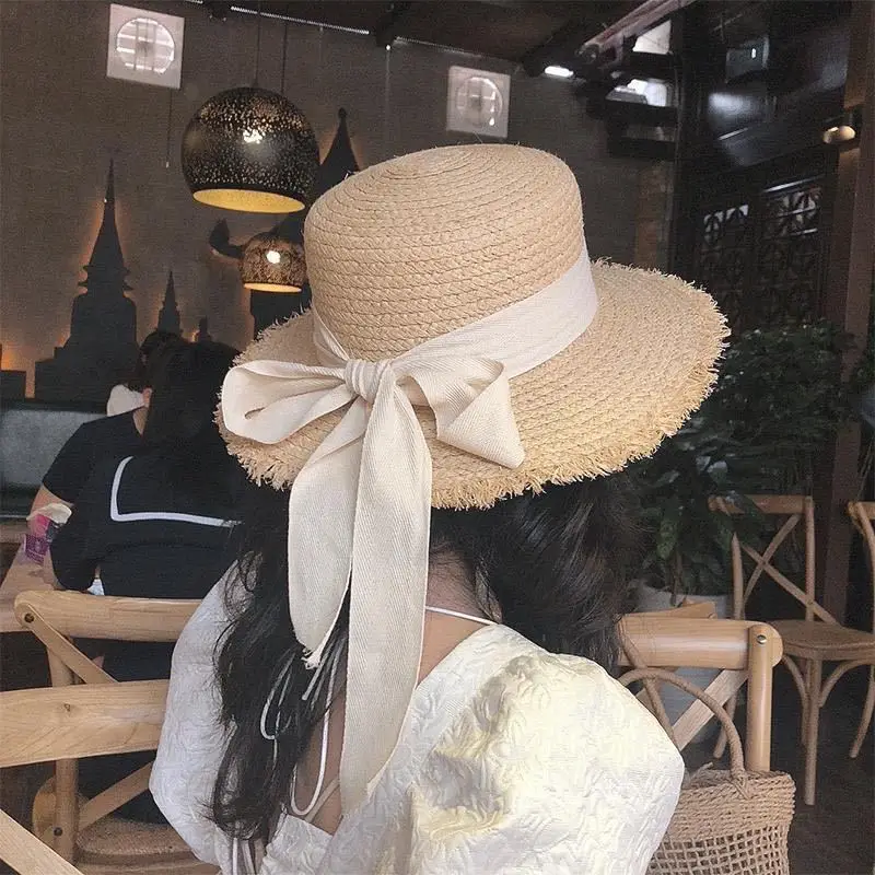 2022 summer sun hat bow 100%Raffia Sun visor beach accessories Straw hats Women's Sea vacation leisure sunscreen | Аксессуары для