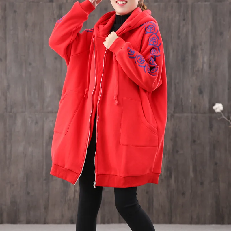 Red Max LuLu, модная китайская женская утепленная одежда в стиле панк, женские зимние теплые толстовки с капюшоном, повседневные длинные толстовки с вышивкой - Color: Red