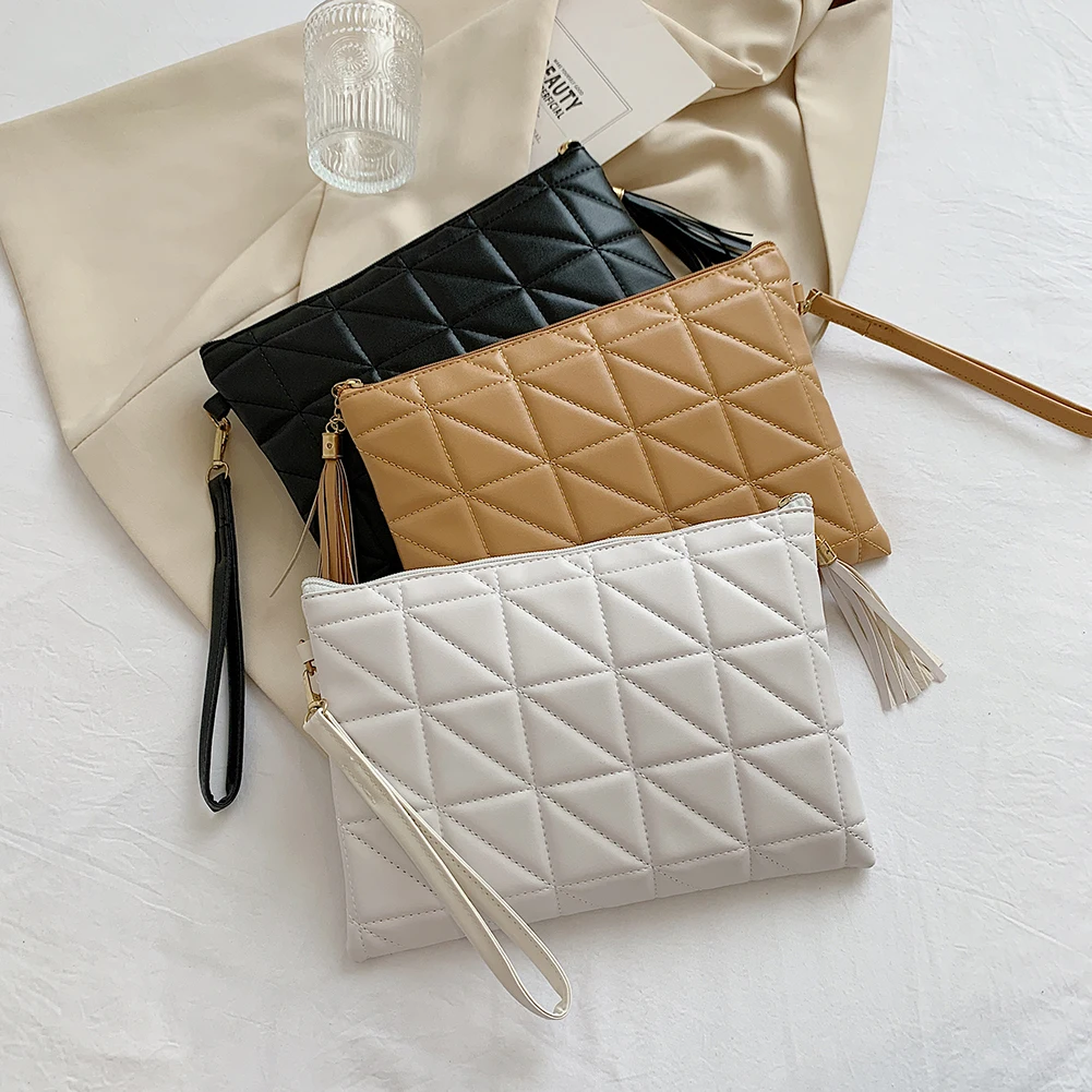 Vintage Women Wristlet Bag Triangle Envelope PU Leather Tassel Wallet Female Casual Small Handbags Day Pouch |