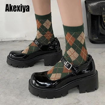 

Wedges Leather shoes women spring Mary Jane shoes women's Black Round Toe high heels retro platform Punk shoes Lady Pumps u925
