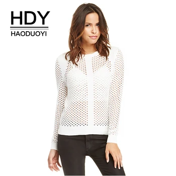 

HDY Haoduoyi New Fashion Autumn Solid Black Long Sleeve Casual Jumper Crew Neck Pullover Sexy Hollow Out Fishnet Sweater