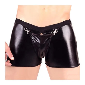 

Mens Faux Leather Boxer Shorts Sexy Club Wear Lingerie For Male Openable Front Back Hollow Gay Underwear Man Underpants