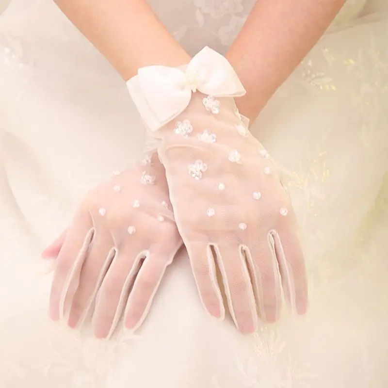 Свадебные прозрачные короткие перчатки с жемчугом, блестками, цветами, бисером и бантом, свадебные варежки