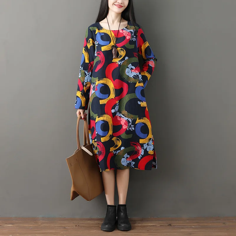 

2018 Autumn New Style Large Size Dress Loose-Fit Mid-length Cotton Linen Long-sleeved Dress National Wind Flax Long Skirts