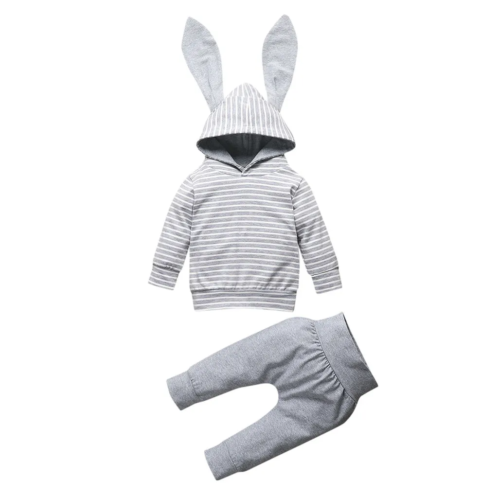 Свитер с капюшоном и заячьими ушками; топы; Одежда для новорожденных девочек; зимний свитер в полоску с длинными рукавами; штаны; одежда для маленьких девочек - Цвет: Gray